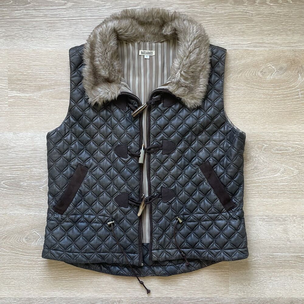 Vintage Baxis & Baxis Brown Quilted Vest with Faux Fur Collar